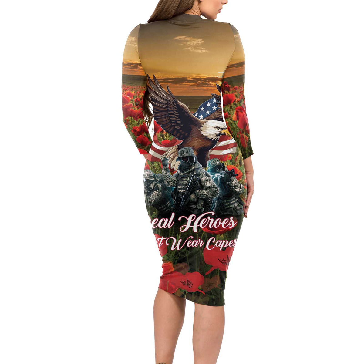 US Veterans Day American Army Long Sleeve Bodycon Dress With Poppy Flowers - Wonder Print Shop
