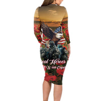 US Veterans Day American Army Long Sleeve Bodycon Dress With Poppy Flowers - Wonder Print Shop