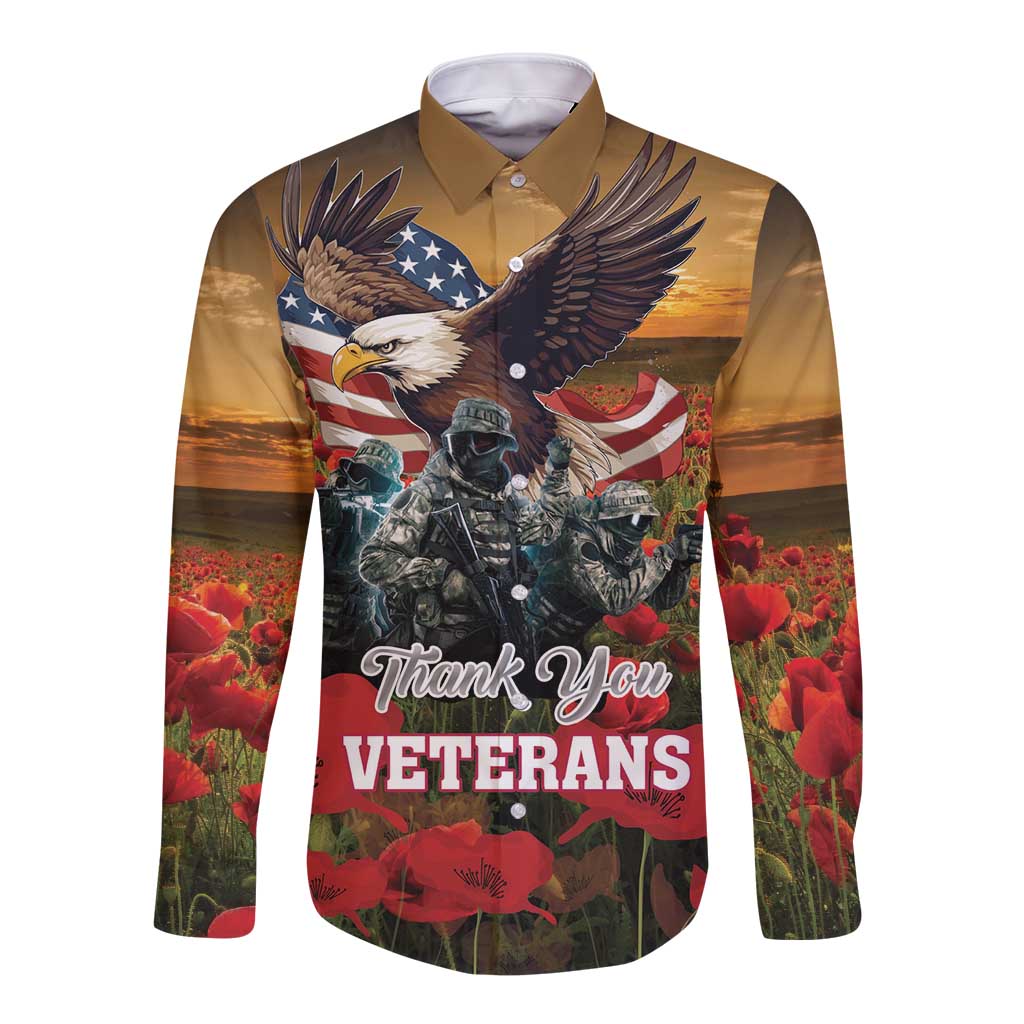 US Veterans Day American Army Long Sleeve Button Shirt With Poppy Flowers - Wonder Print Shop