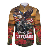 US Veterans Day American Army Long Sleeve Button Shirt With Poppy Flowers - Wonder Print Shop