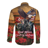 US Veterans Day American Army Long Sleeve Button Shirt With Poppy Flowers - Wonder Print Shop