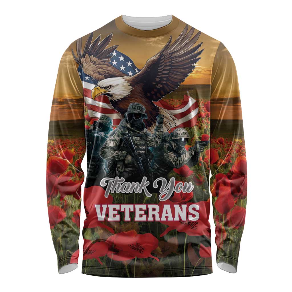 US Veterans Day American Army Long Sleeve Shirt With Poppy Flowers - Wonder Print Shop