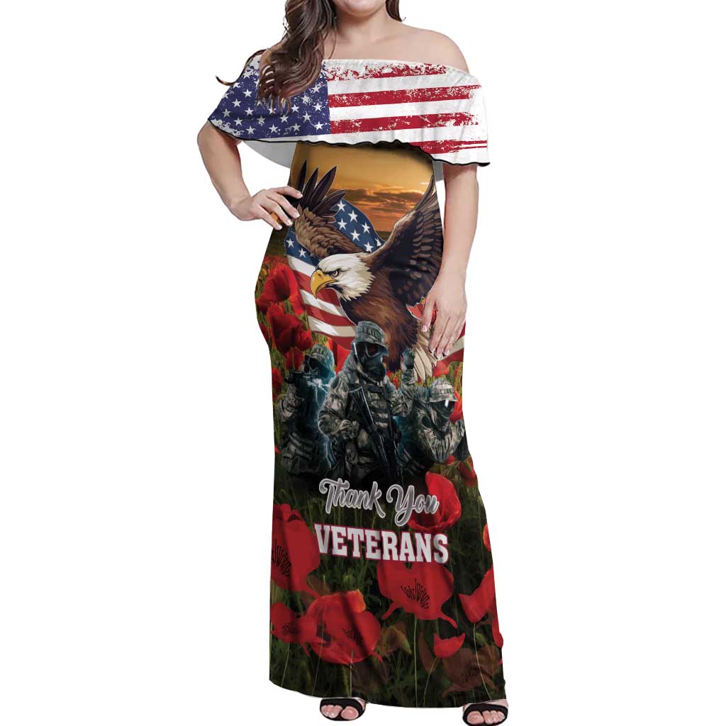 US Veterans Day American Army Off Shoulder Maxi Dress With Poppy Flowers - Wonder Print Shop