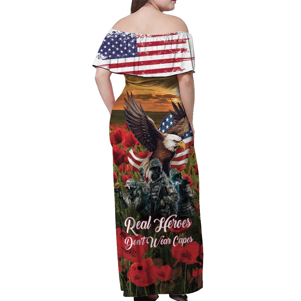 US Veterans Day American Army Off Shoulder Maxi Dress With Poppy Flowers - Wonder Print Shop