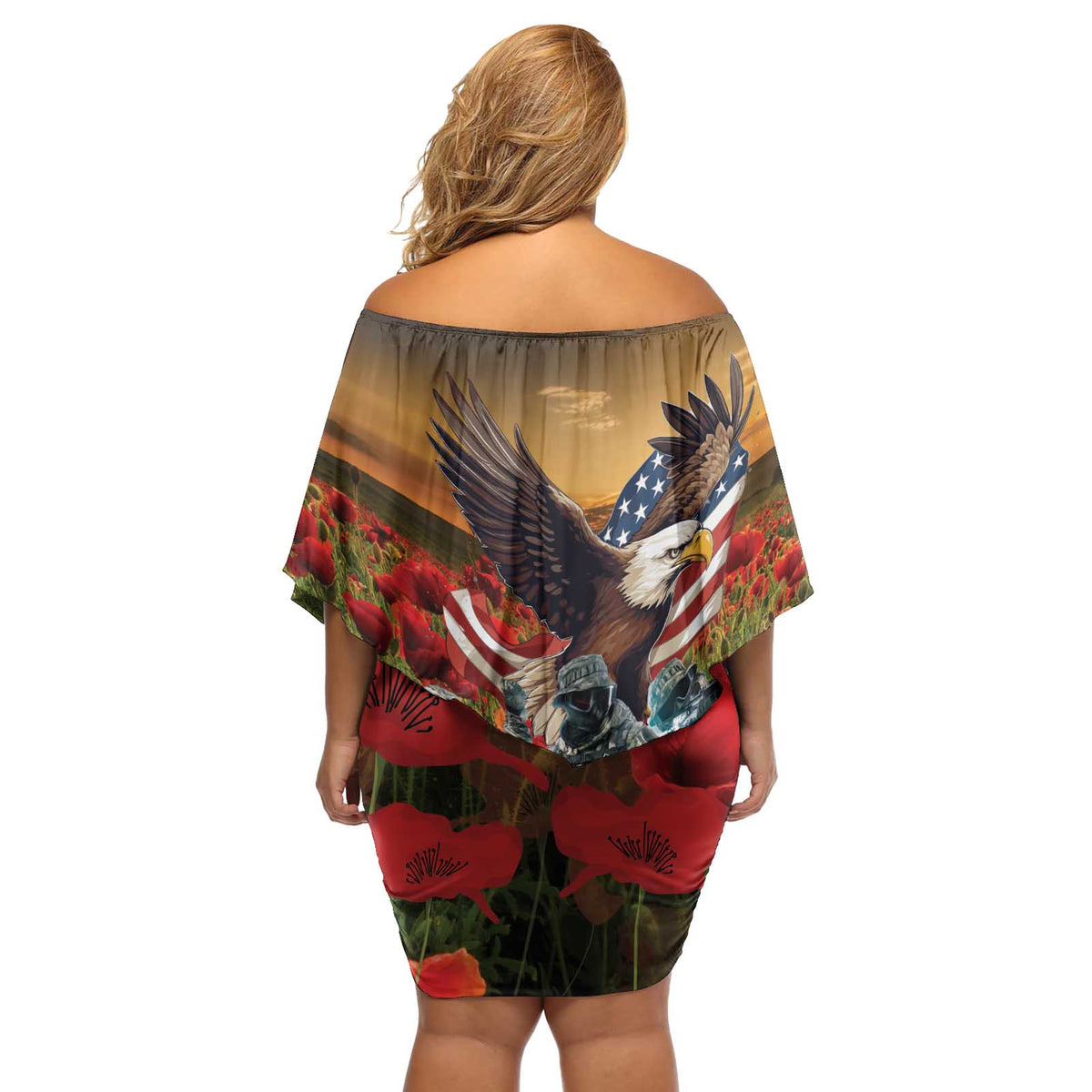 US Veterans Day American Army Off Shoulder Short Dress With Poppy Flowers - Wonder Print Shop