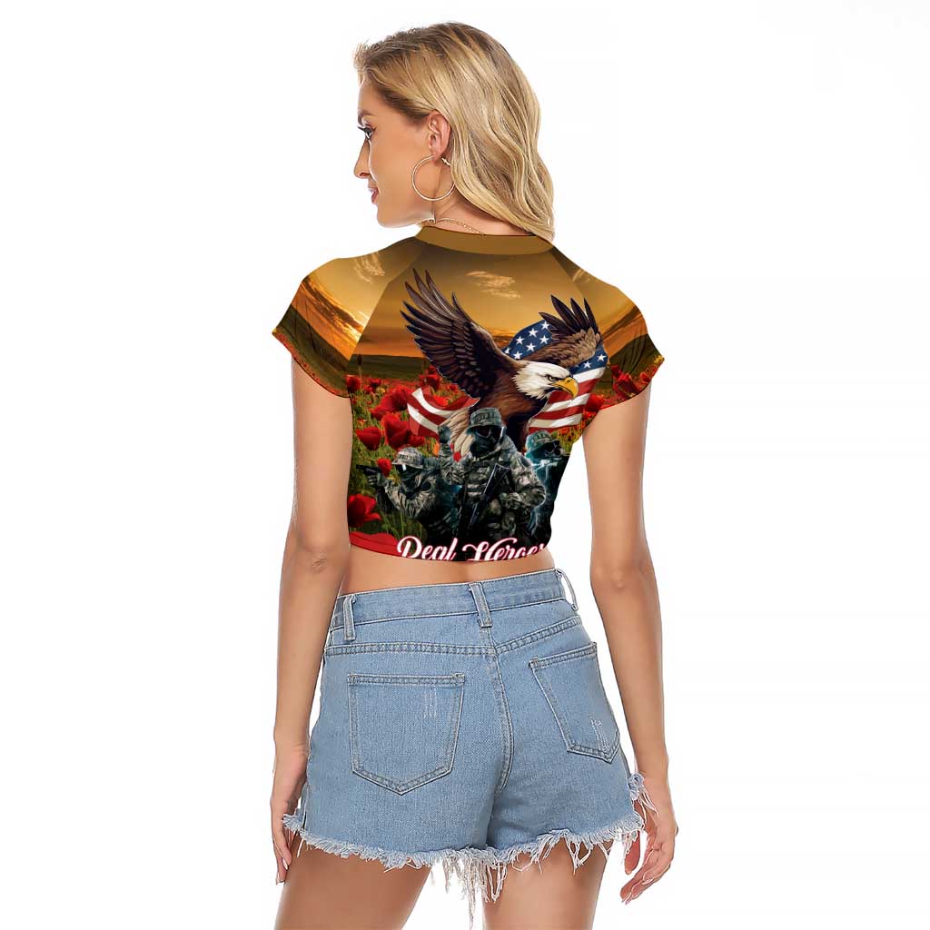 US Veterans Day American Army Raglan Cropped T Shirt With Poppy Flowers - Wonder Print Shop