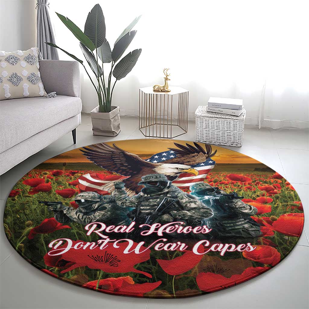 US Veterans Day American Army Round Carpet With Poppy Flowers