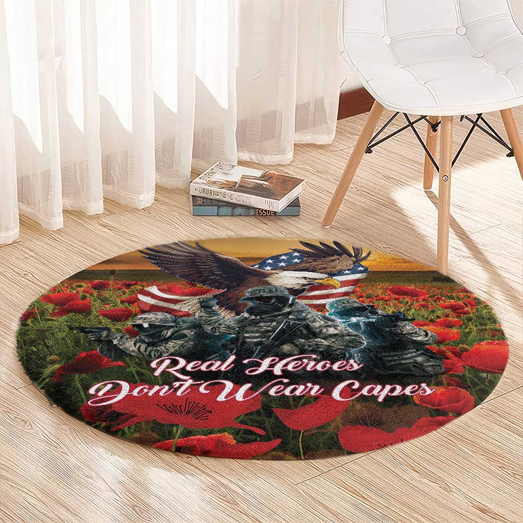 US Veterans Day American Army Round Carpet With Poppy Flowers