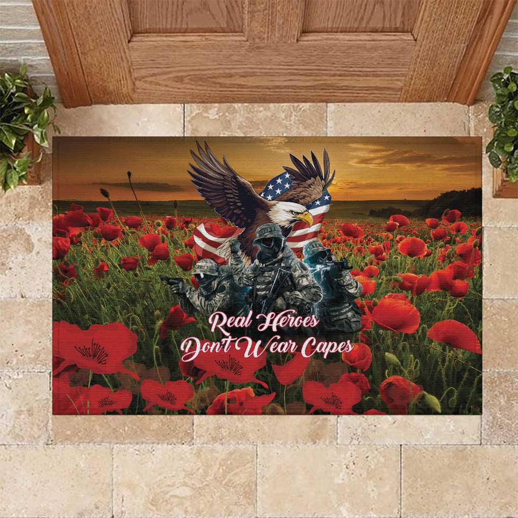 US Veterans Day American Army Rubber Doormat With Poppy Flowers - Wonder Print Shop