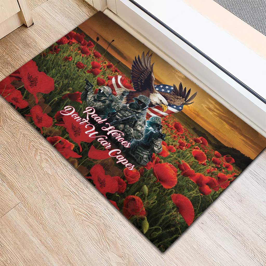 US Veterans Day American Army Rubber Doormat With Poppy Flowers - Wonder Print Shop
