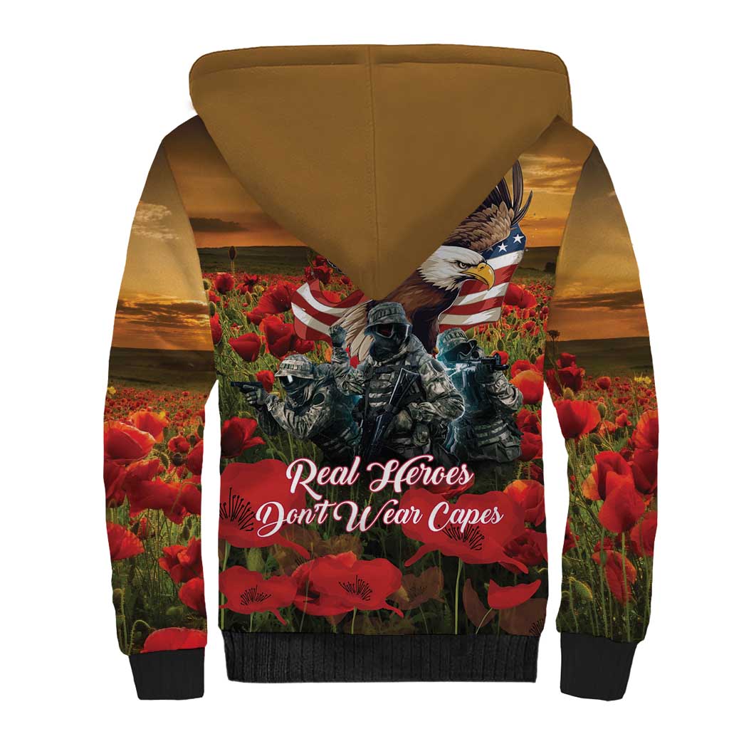 US Veterans Day American Army Sherpa Hoodie With Poppy Flowers - Wonder Print Shop
