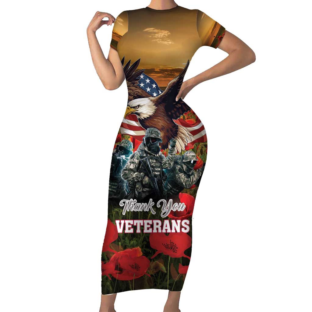 US Veterans Day American Army Short Sleeve Bodycon Dress With Poppy Flowers - Wonder Print Shop