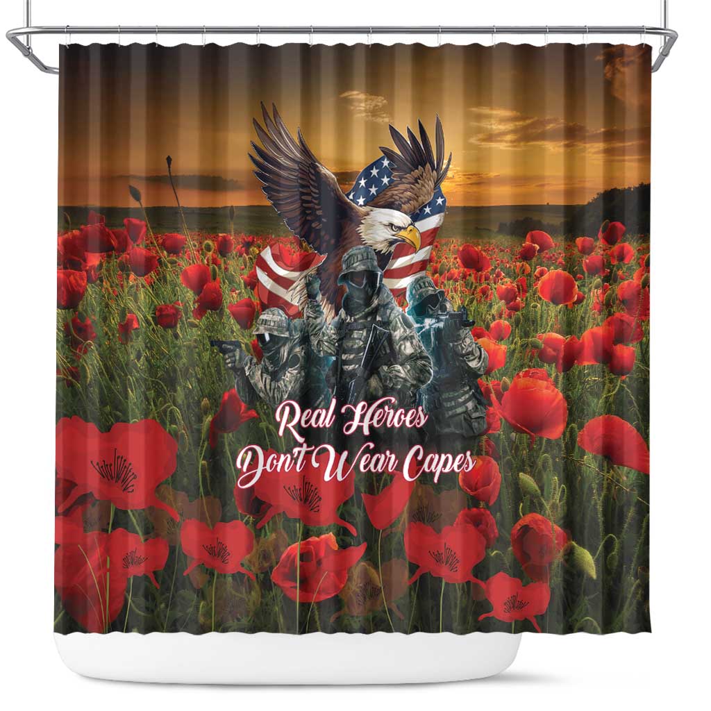US Veterans Day American Army Shower Curtain With Poppy Flowers