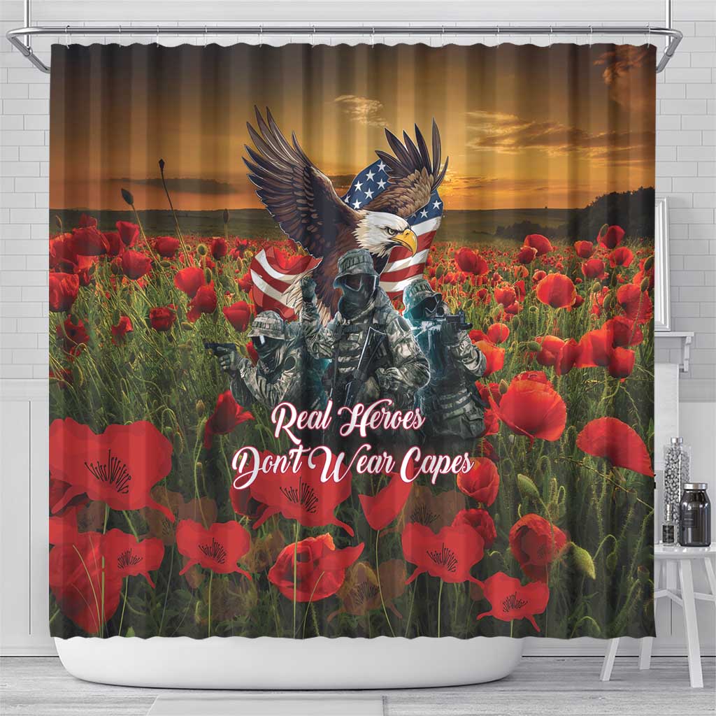 US Veterans Day American Army Shower Curtain With Poppy Flowers