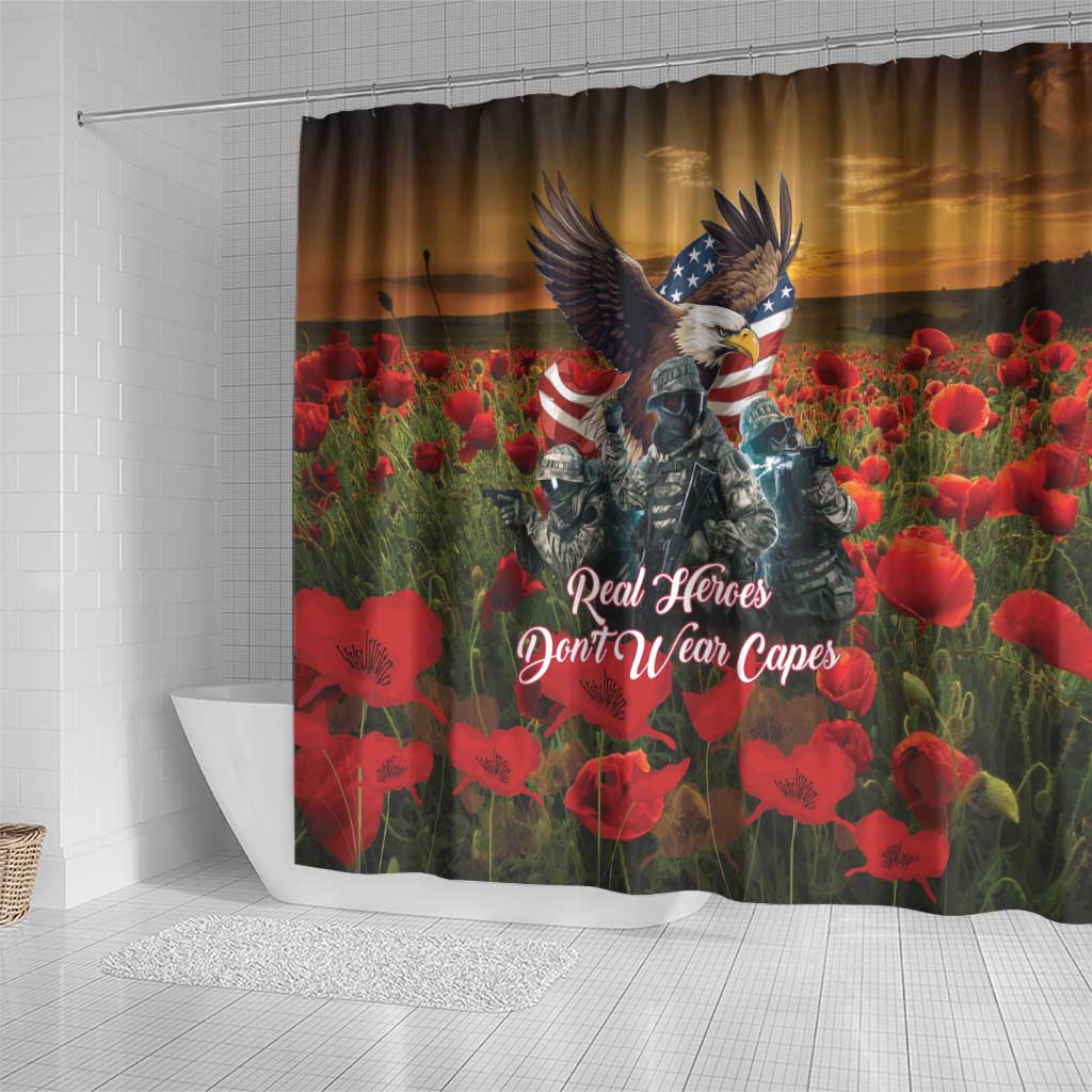 US Veterans Day American Army Shower Curtain With Poppy Flowers