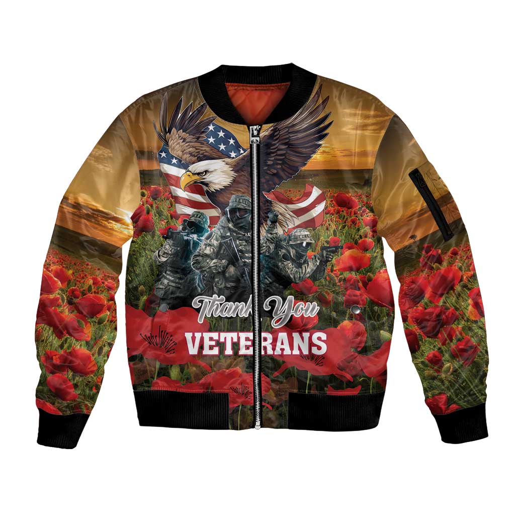 US Veterans Day American Army Sleeve Zip Bomber Jacket With Poppy Flowers - Wonder Print Shop