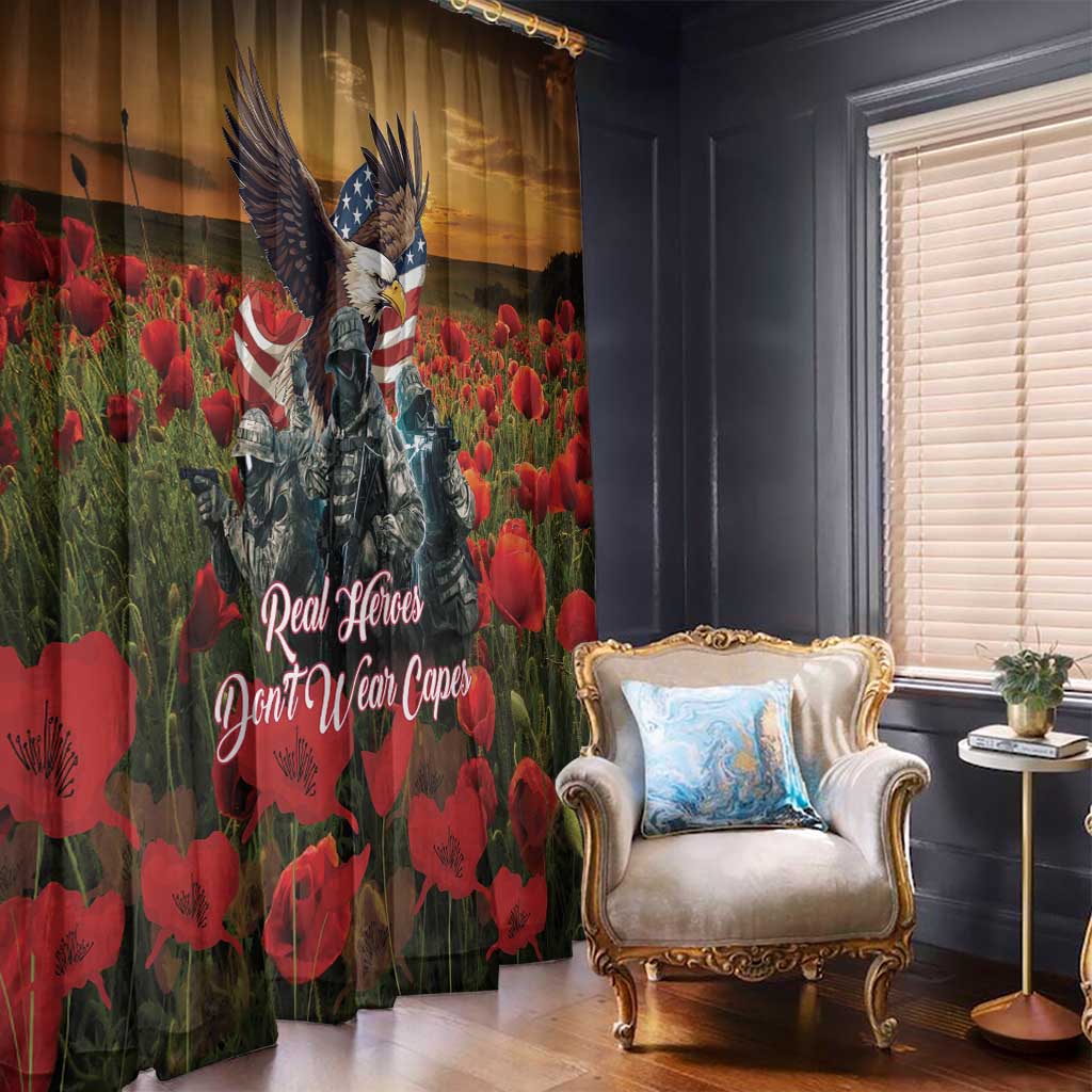 US Veterans Day American Army Window Curtain With Poppy Flowers - Wonder Print Shop