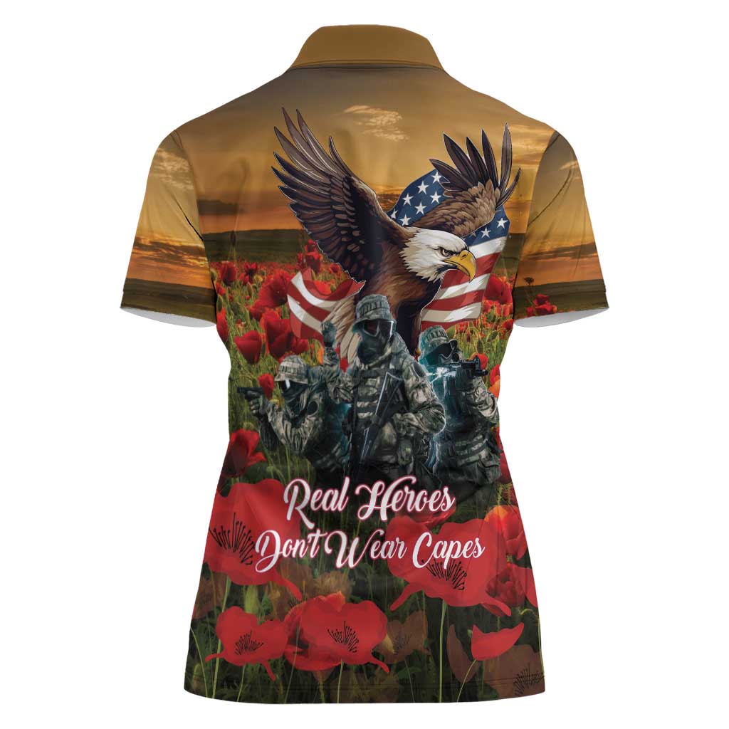 US Veterans Day American Army Women Polo Shirt With Poppy Flowers - Wonder Print Shop
