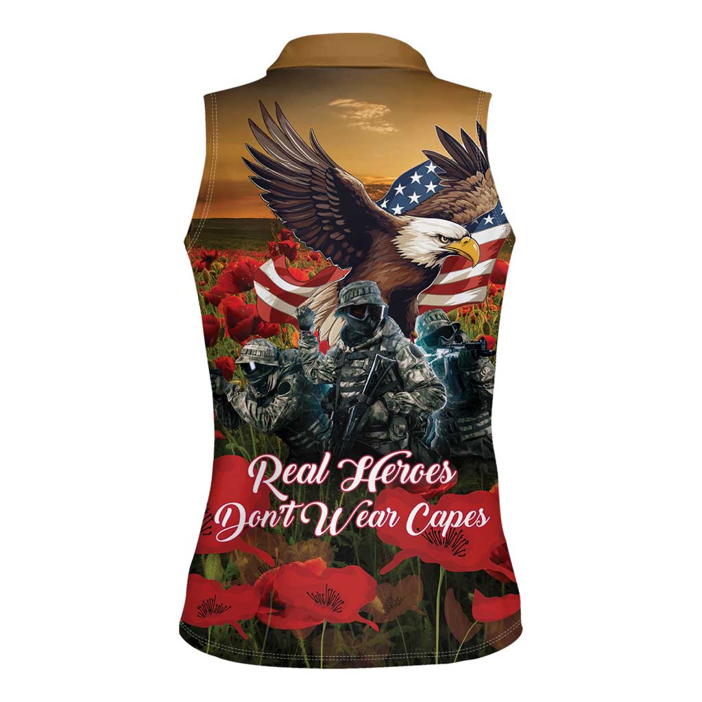US Veterans Day American Army Women Sleeveless Polo Shirt With Poppy Flowers - Wonder Print Shop