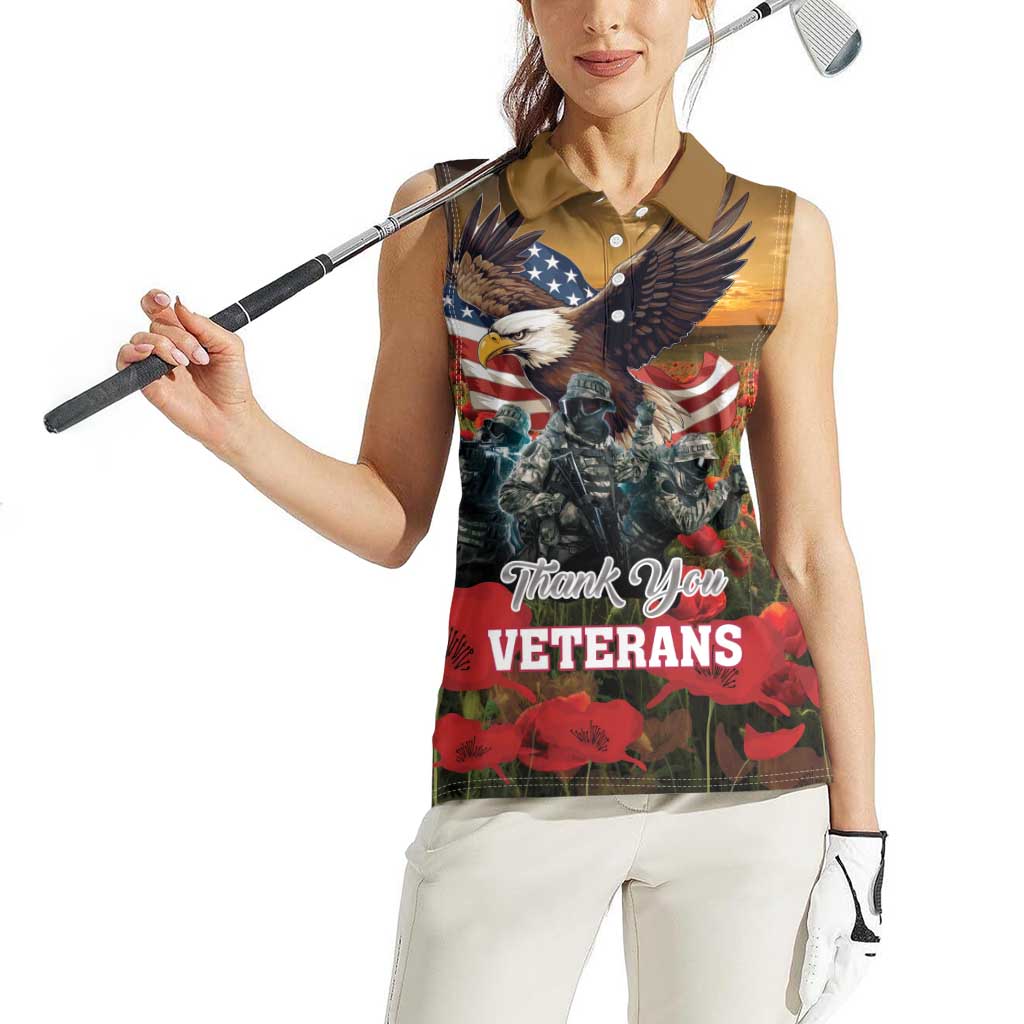 US Veterans Day American Army Women Sleeveless Polo Shirt With Poppy Flowers - Wonder Print Shop