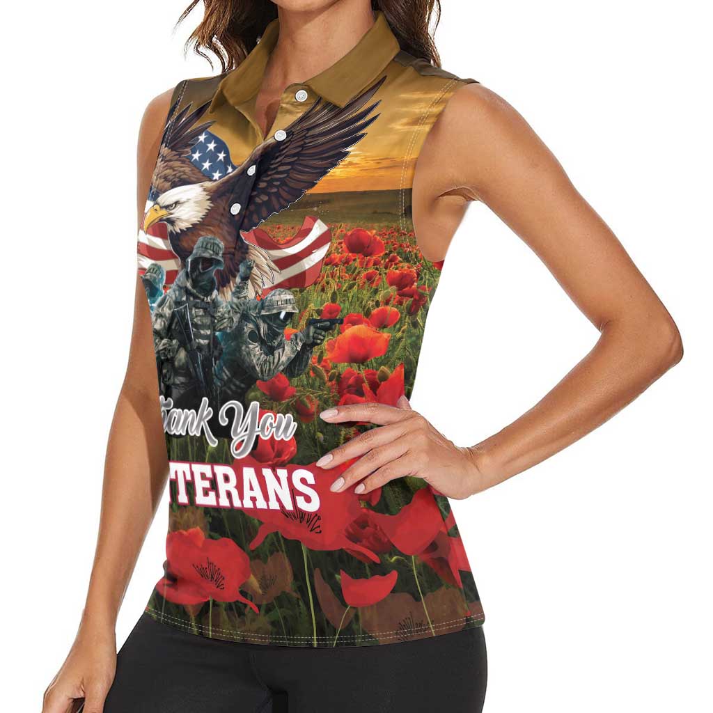 US Veterans Day American Army Women Sleeveless Polo Shirt With Poppy Flowers - Wonder Print Shop
