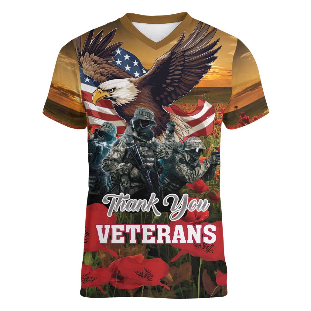 US Veterans Day American Army Women V-Neck T-Shirt With Poppy Flowers - Wonder Print Shop
