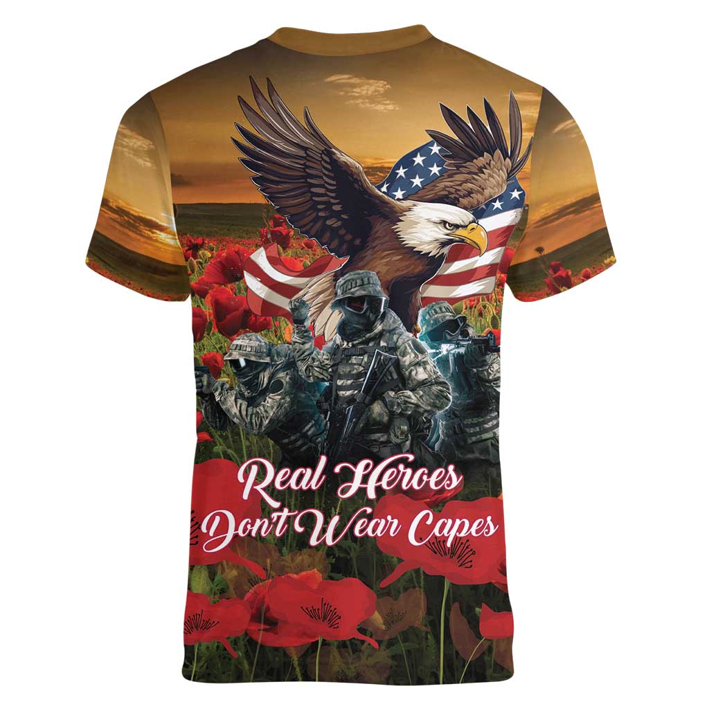 US Veterans Day American Army Women V-Neck T-Shirt With Poppy Flowers - Wonder Print Shop