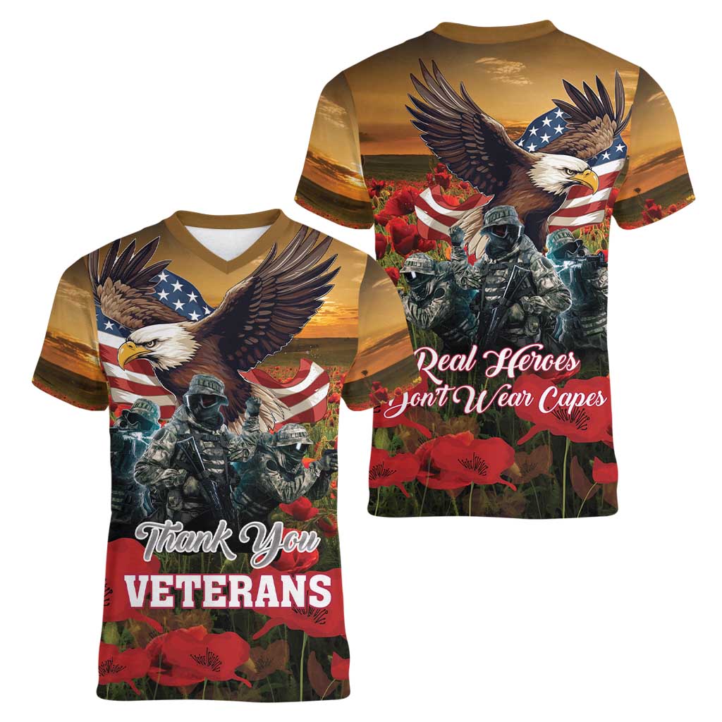 US Veterans Day American Army Women V-Neck T-Shirt With Poppy Flowers - Wonder Print Shop