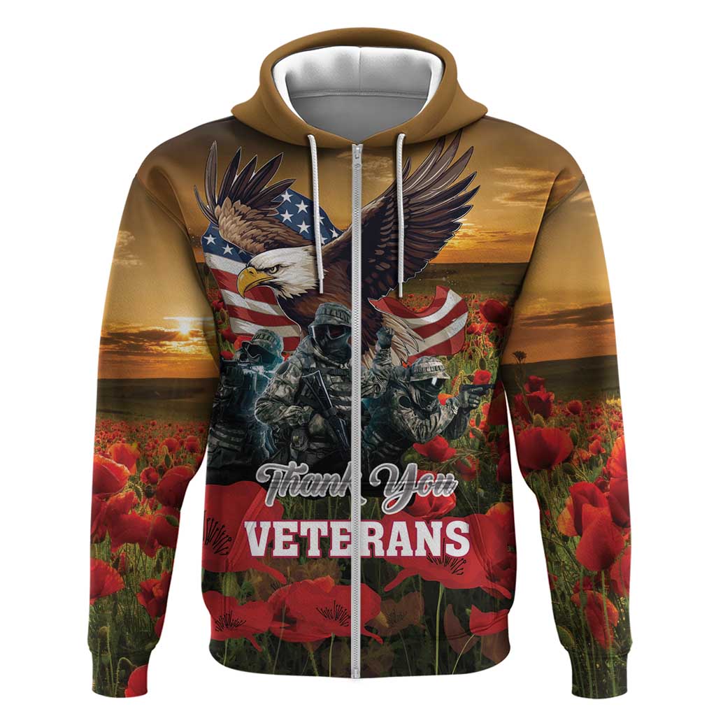 US Veterans Day American Army Zip Hoodie With Poppy Flowers - Wonder Print Shop