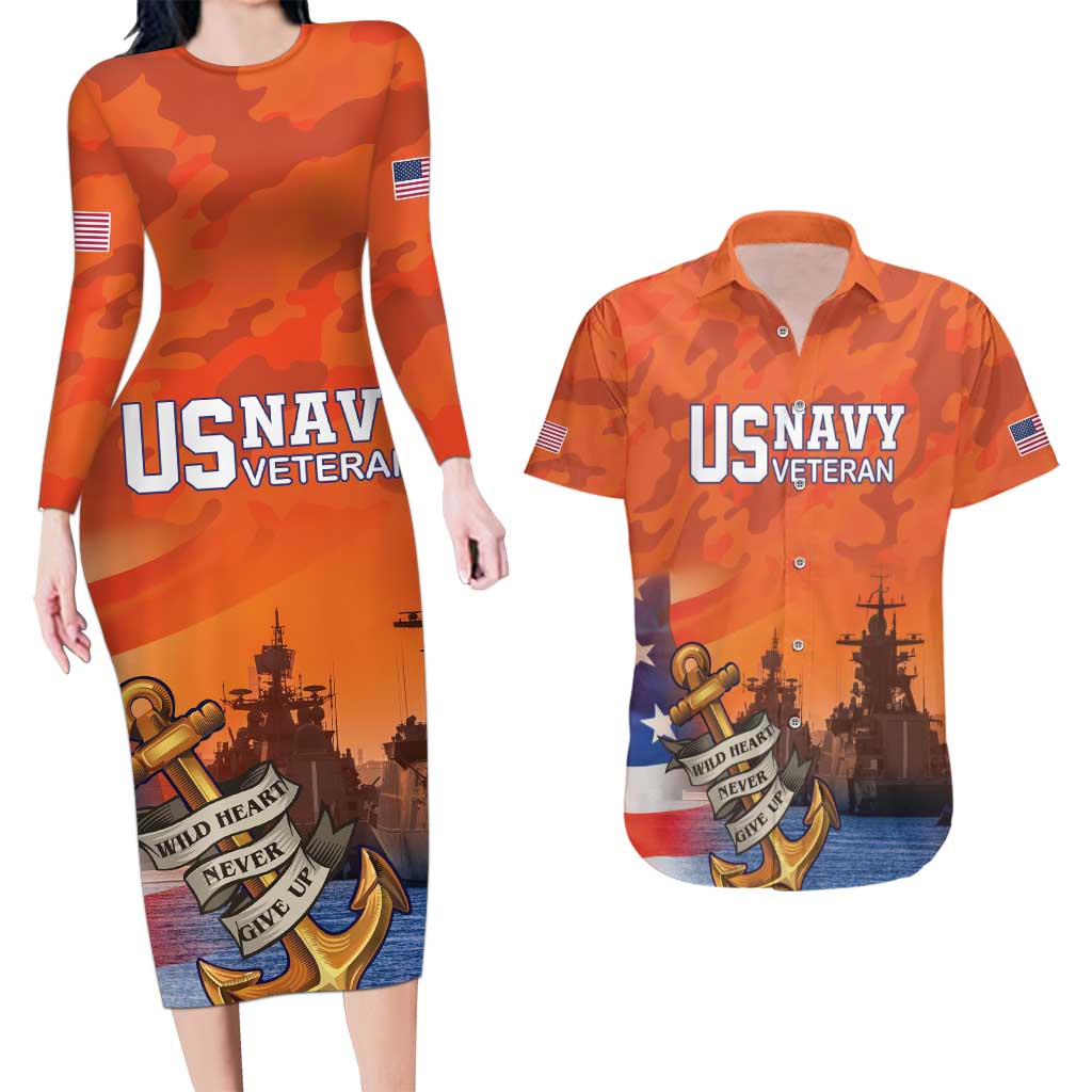 Custom US Navy Veteran Couples Matching Long Sleeve Bodycon Dress and Hawaiian Shirt With Camouflage Pattern - Wonder Print Shop