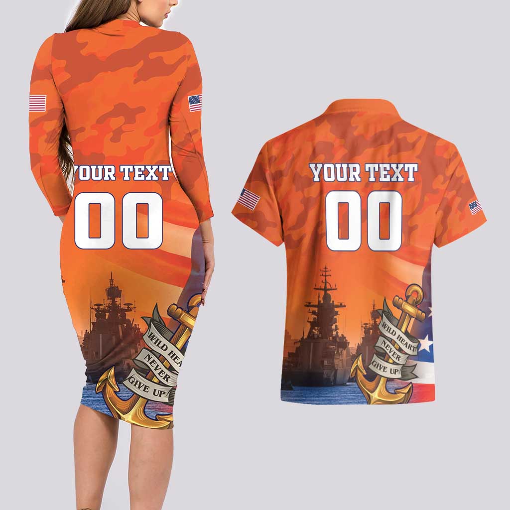 Custom US Navy Veteran Couples Matching Long Sleeve Bodycon Dress and Hawaiian Shirt With Camouflage Pattern - Wonder Print Shop