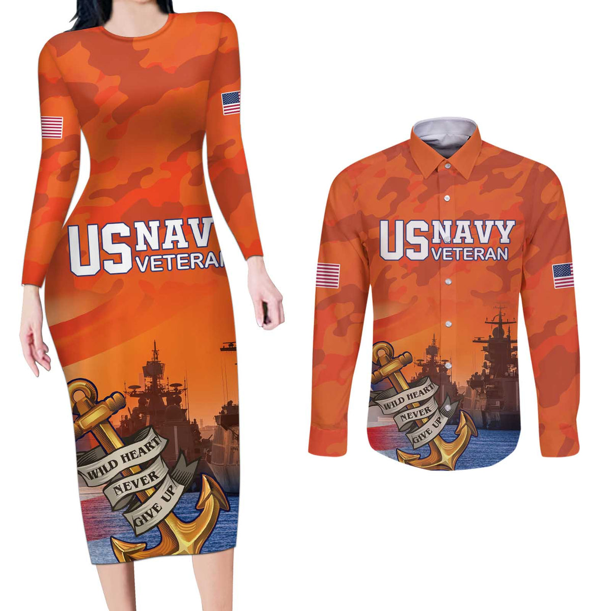 Custom US Navy Veteran Couples Matching Long Sleeve Bodycon Dress and Long Sleeve Button Shirt With Camouflage Pattern - Wonder Print Shop
