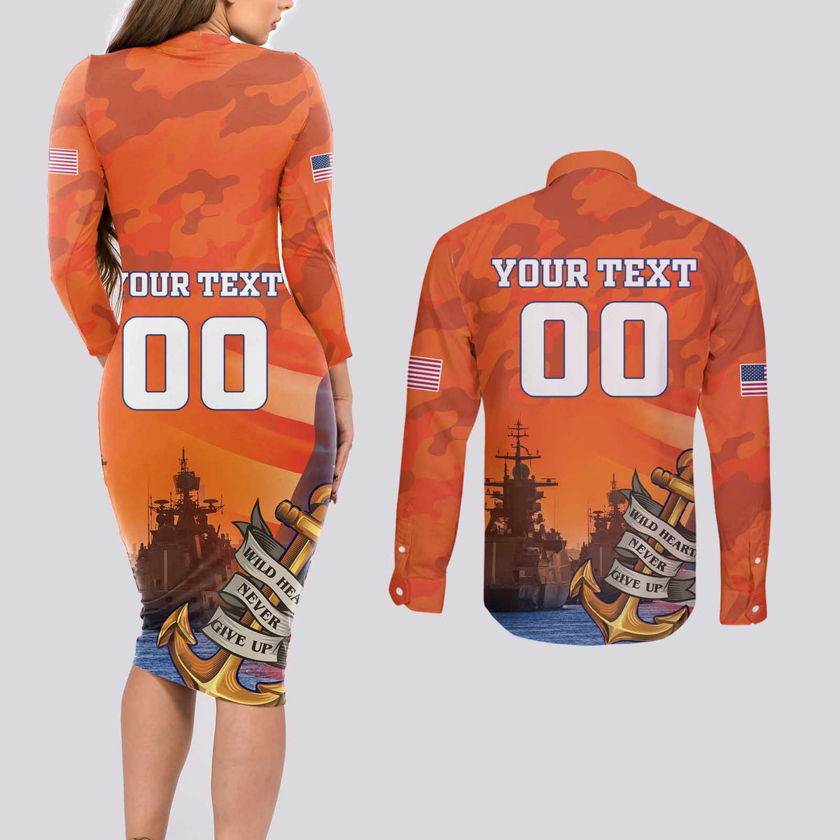 Custom US Navy Veteran Couples Matching Long Sleeve Bodycon Dress and Long Sleeve Button Shirt With Camouflage Pattern - Wonder Print Shop