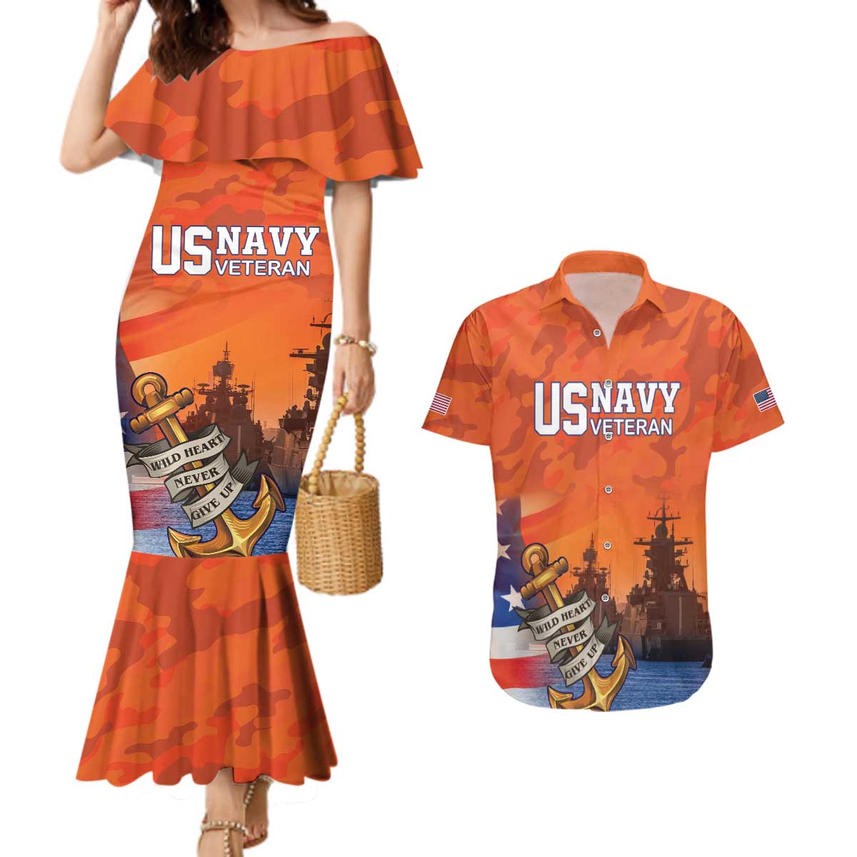 Custom US Navy Veteran Couples Matching Mermaid Dress and Hawaiian Shirt With Camouflage Pattern - Wonder Print Shop