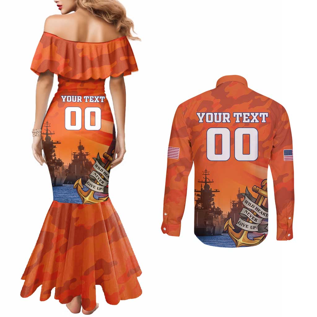 Custom US Navy Veteran Couples Matching Mermaid Dress and Long Sleeve Button Shirt With Camouflage Pattern