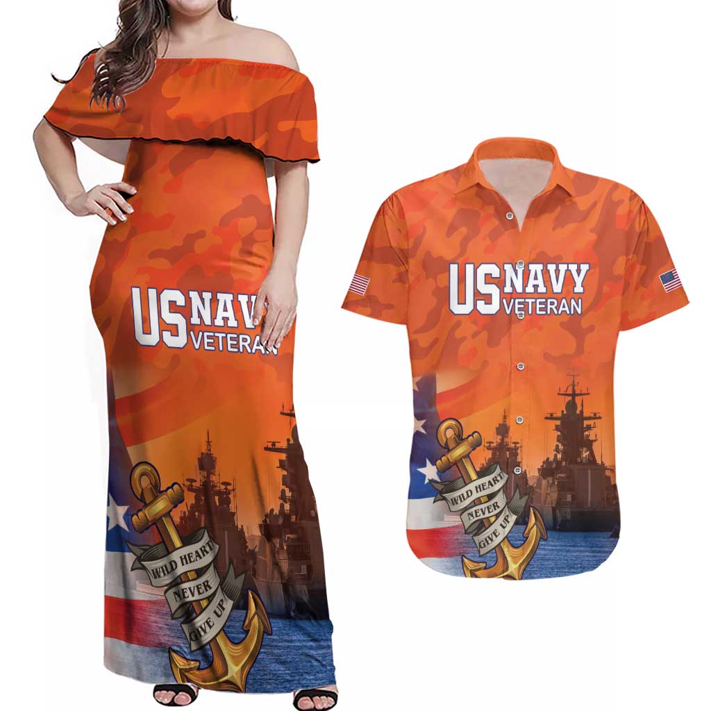 Custom US Navy Veteran Couples Matching Off Shoulder Maxi Dress and Hawaiian Shirt With Camouflage Pattern - Wonder Print Shop