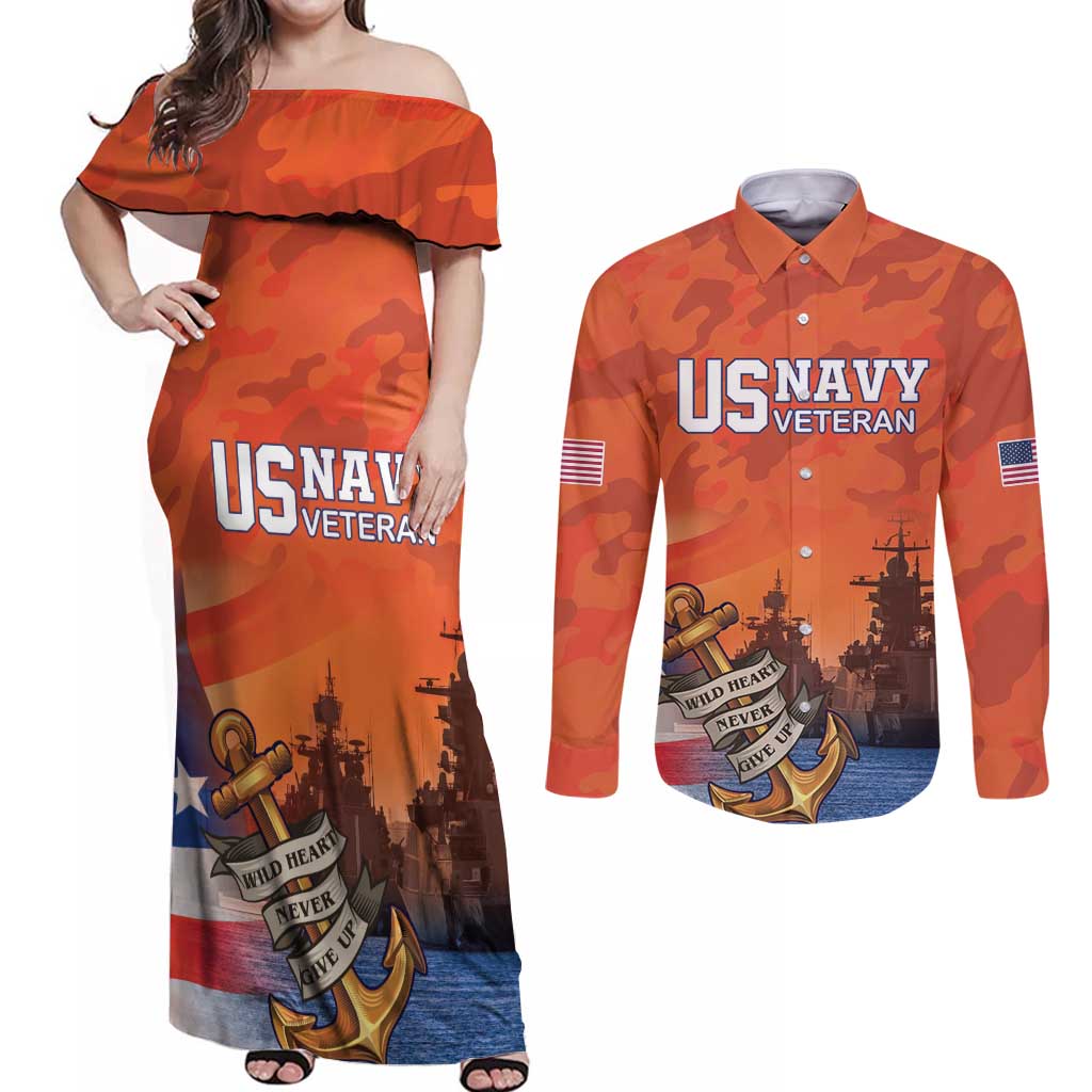 Custom US Navy Veteran Couples Matching Off Shoulder Maxi Dress and Long Sleeve Button Shirt With Camouflage Pattern - Wonder Print Shop