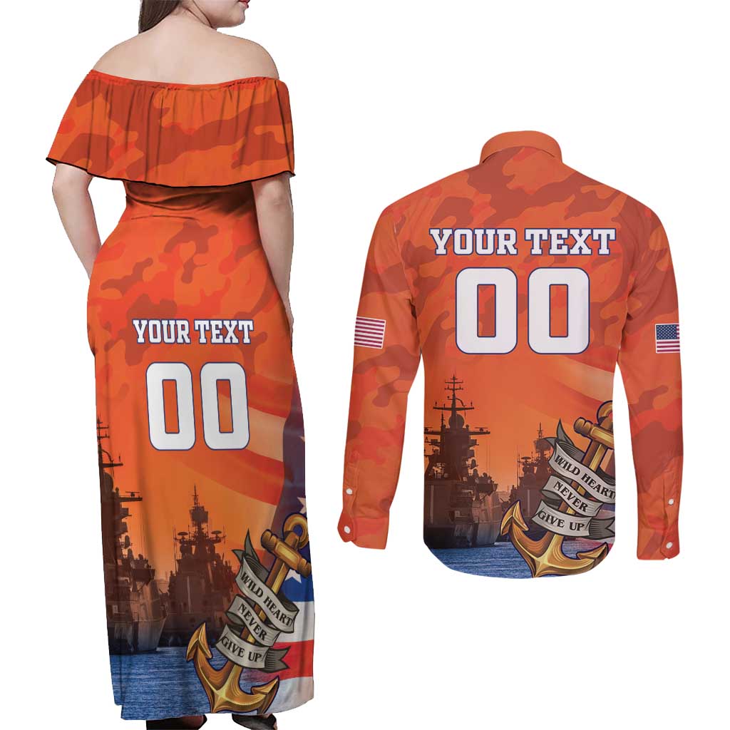 Custom US Navy Veteran Couples Matching Off Shoulder Maxi Dress and Long Sleeve Button Shirt With Camouflage Pattern - Wonder Print Shop