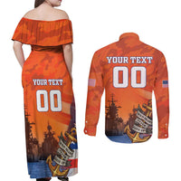 Custom US Navy Veteran Couples Matching Off Shoulder Maxi Dress and Long Sleeve Button Shirt With Camouflage Pattern - Wonder Print Shop