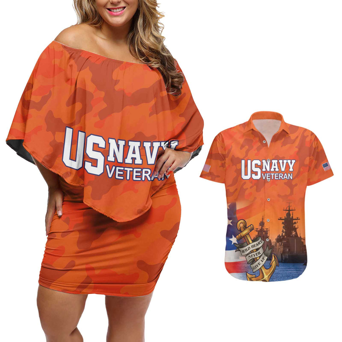 Custom US Navy Veteran Couples Matching Off Shoulder Short Dress and Hawaiian Shirt With Camouflage Pattern - Wonder Print Shop