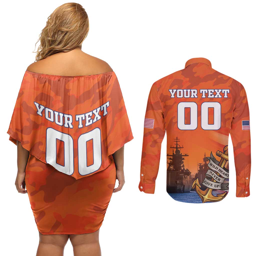 Custom US Navy Veteran Couples Matching Off Shoulder Short Dress and Long Sleeve Button Shirt With Camouflage Pattern - Wonder Print Shop