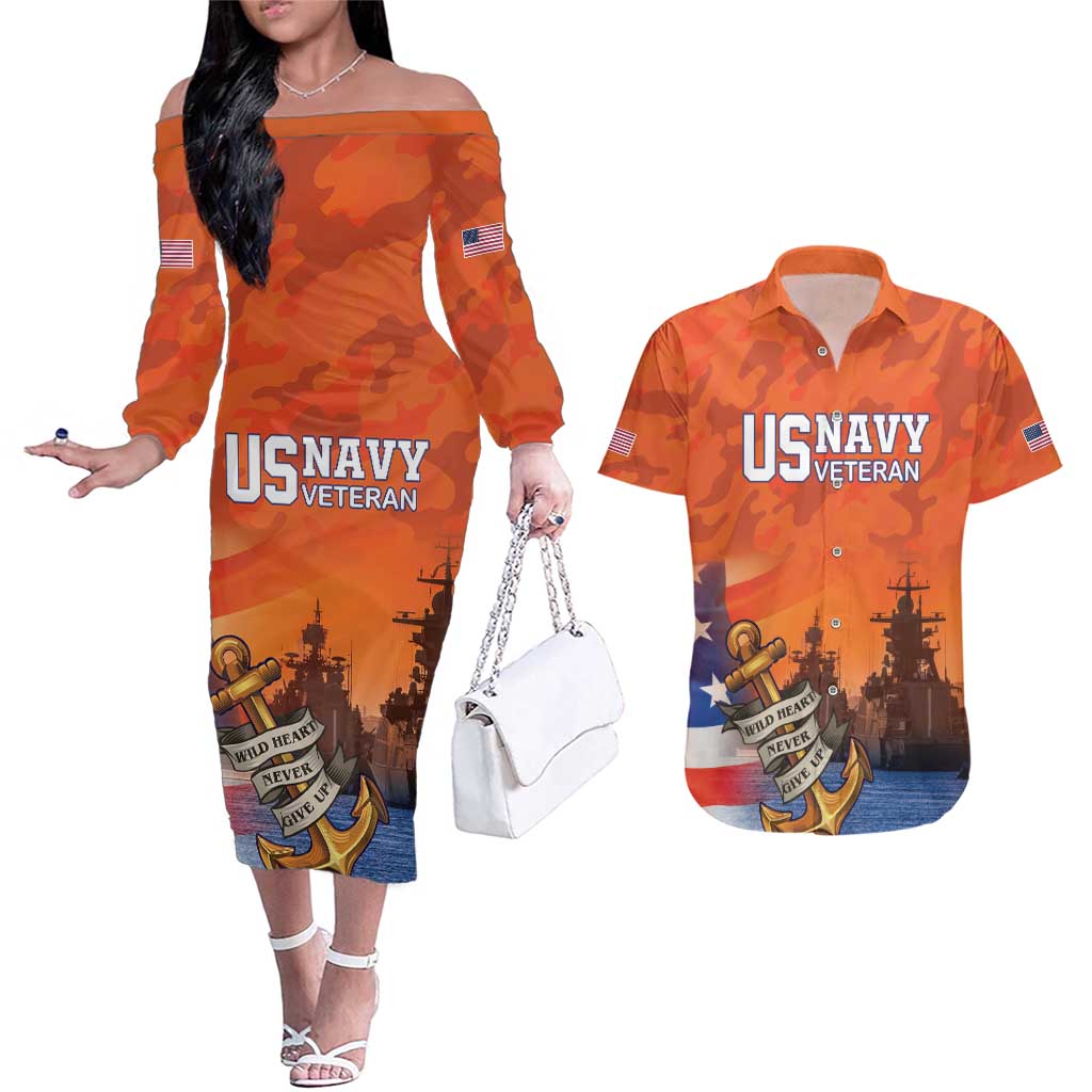 Custom US Navy Veteran Couples Matching Off The Shoulder Long Sleeve Dress and Hawaiian Shirt With Camouflage Pattern - Wonder Print Shop