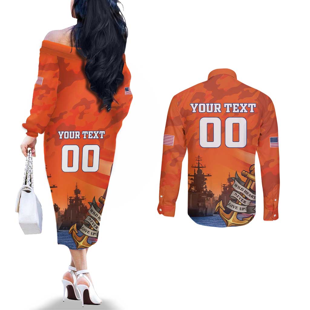 Custom US Navy Veteran Couples Matching Off The Shoulder Long Sleeve Dress and Long Sleeve Button Shirt With Camouflage Pattern