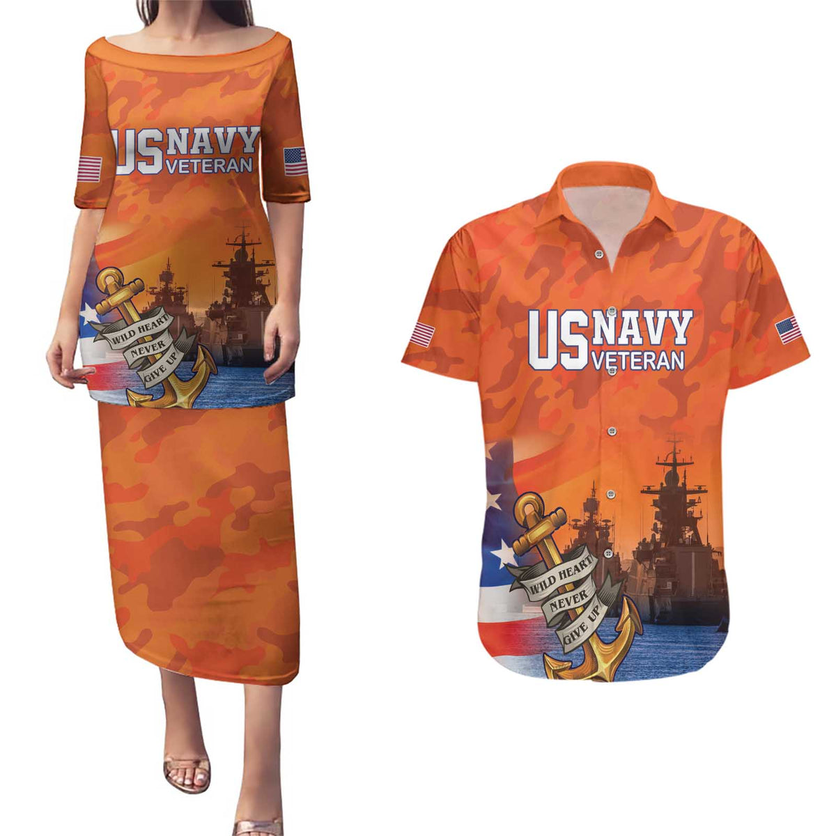 Custom US Navy Veteran Couples Matching Puletasi and Hawaiian Shirt With Camouflage Pattern - Wonder Print Shop