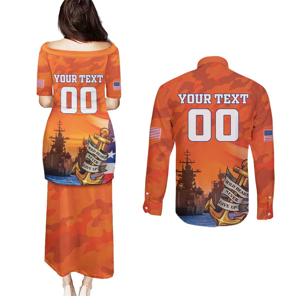 Custom US Navy Veteran Couples Matching Puletasi and Long Sleeve Button Shirt With Camouflage Pattern - Wonder Print Shop