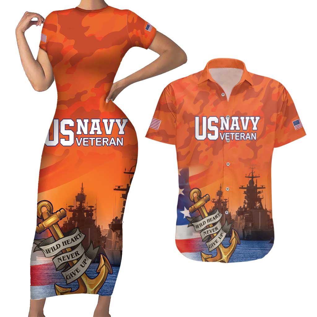 Custom US Navy Veteran Couples Matching Short Sleeve Bodycon Dress and Hawaiian Shirt With Camouflage Pattern - Wonder Print Shop