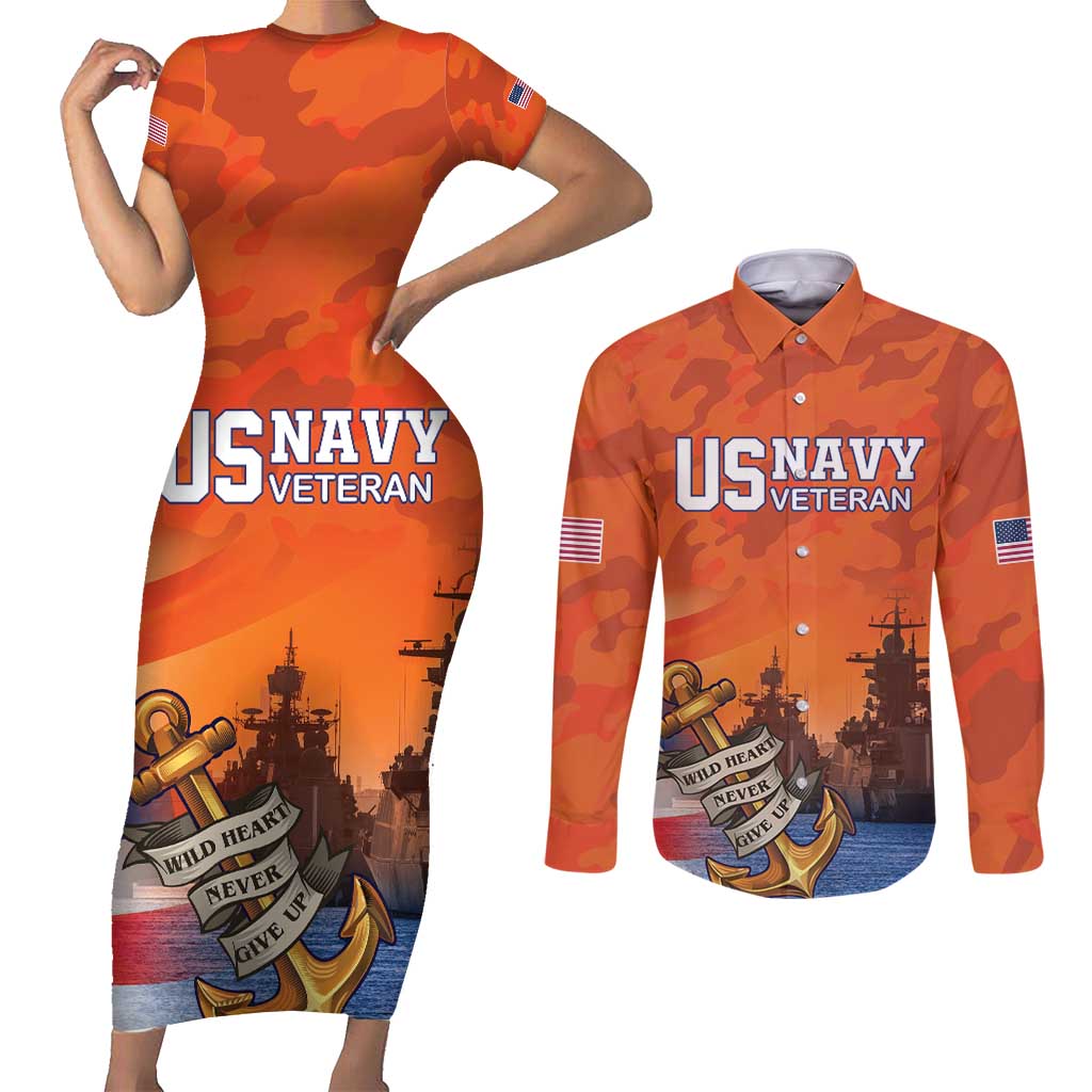 Custom US Navy Veteran Couples Matching Short Sleeve Bodycon Dress and Long Sleeve Button Shirt With Camouflage Pattern - Wonder Print Shop
