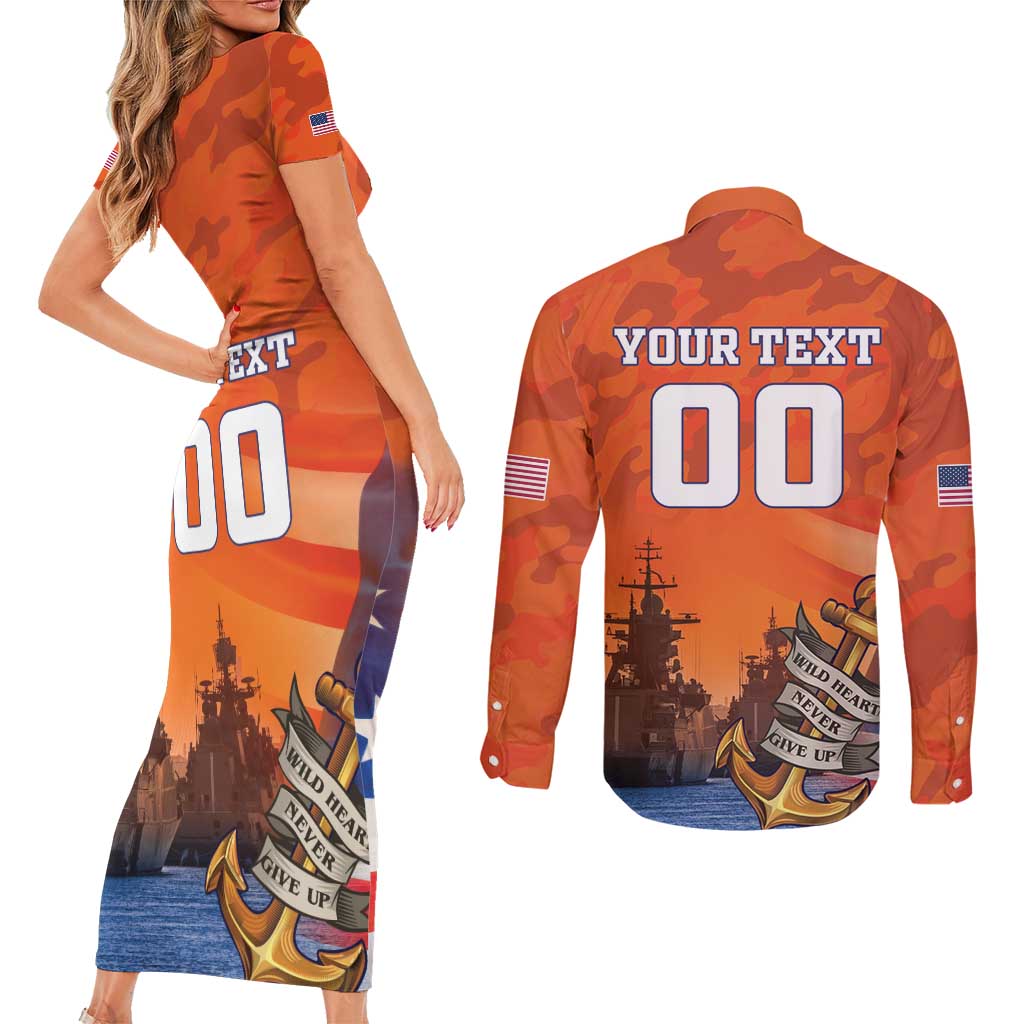Custom US Navy Veteran Couples Matching Short Sleeve Bodycon Dress and Long Sleeve Button Shirt With Camouflage Pattern - Wonder Print Shop