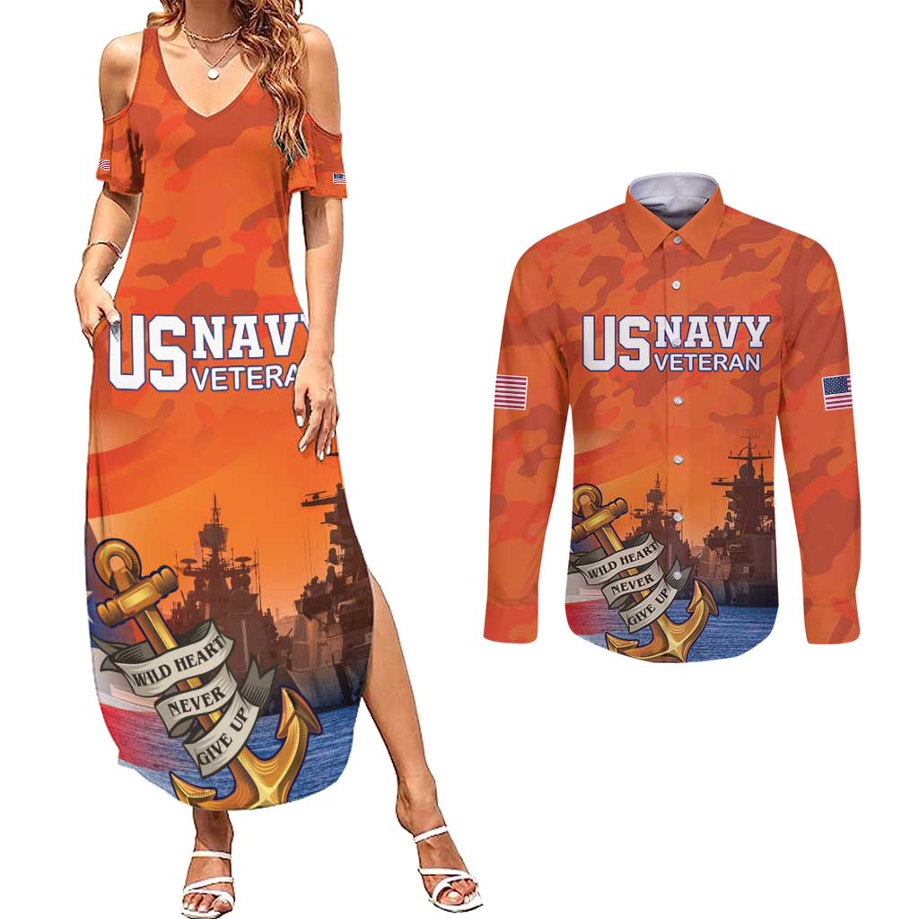 Custom US Navy Veteran Couples Matching Summer Maxi Dress and Long Sleeve Button Shirt With Camouflage Pattern - Wonder Print Shop