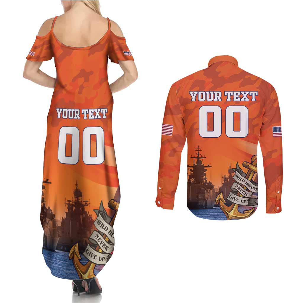 Custom US Navy Veteran Couples Matching Summer Maxi Dress and Long Sleeve Button Shirt With Camouflage Pattern - Wonder Print Shop